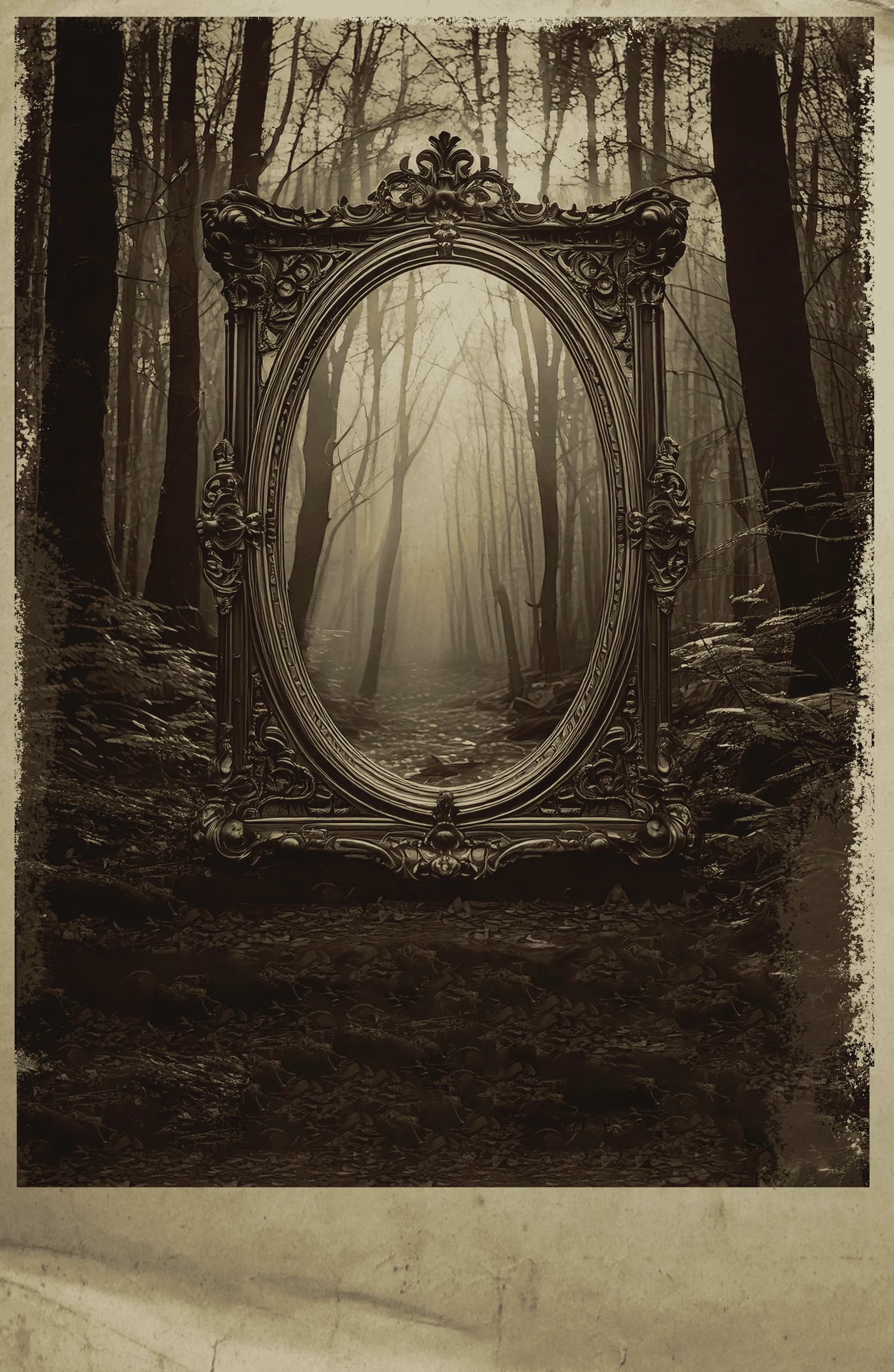Espejo antiguo con reflejo atmosférico, símbolo de introspección y autoconocimiento