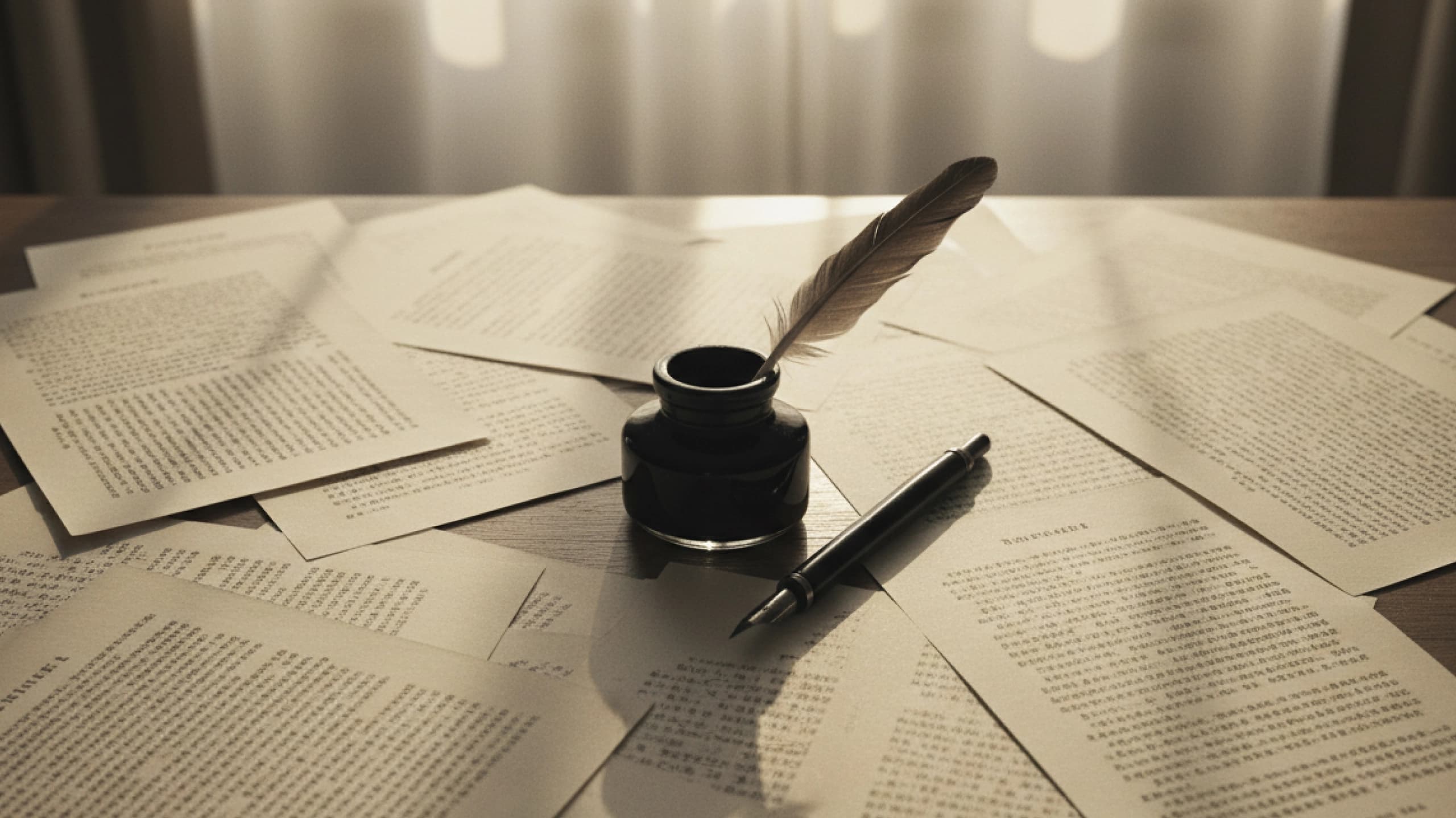 Papeles manuscritos y tintero