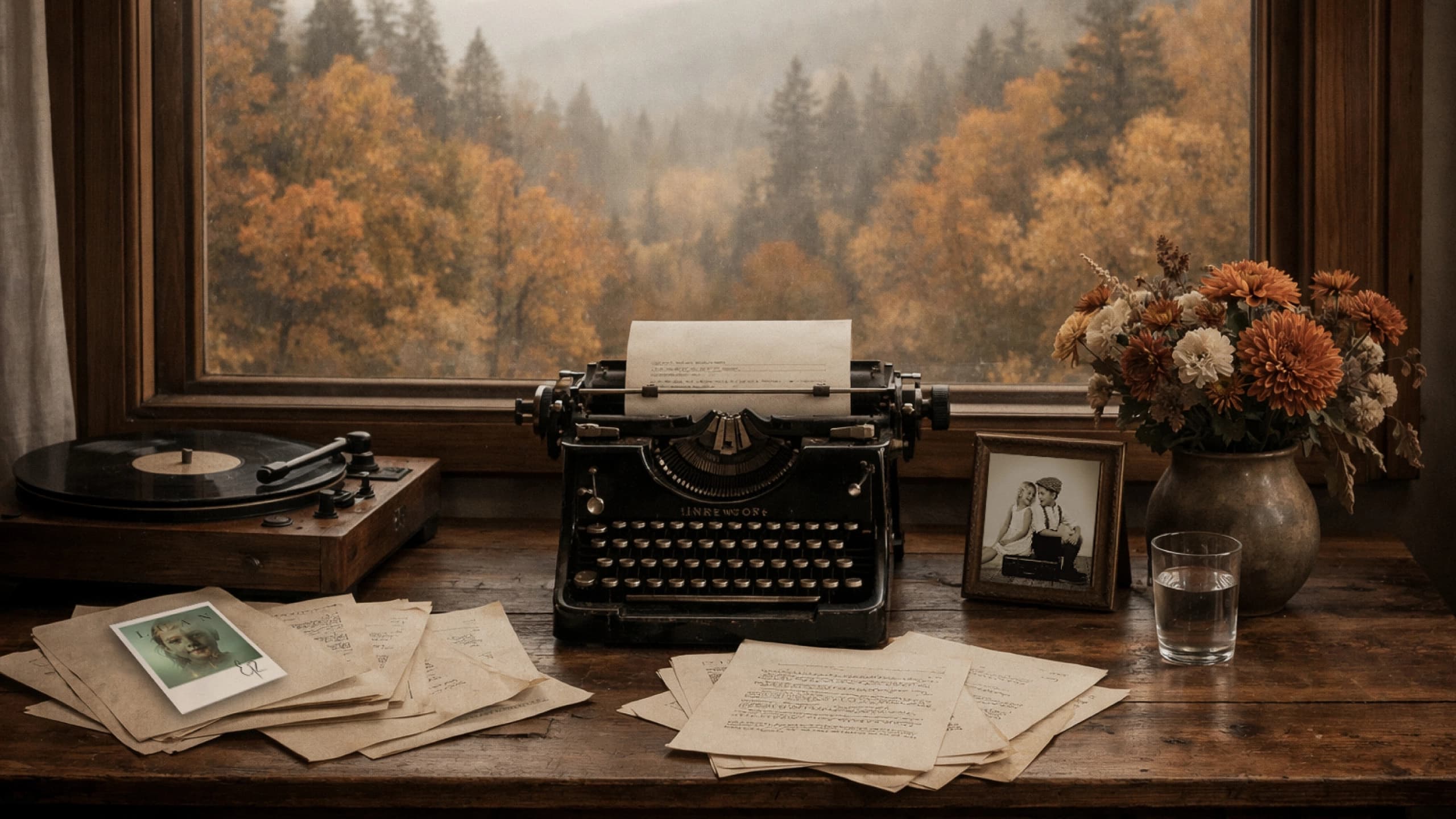 Escritorio vintage con máquina de escribir y papeles
